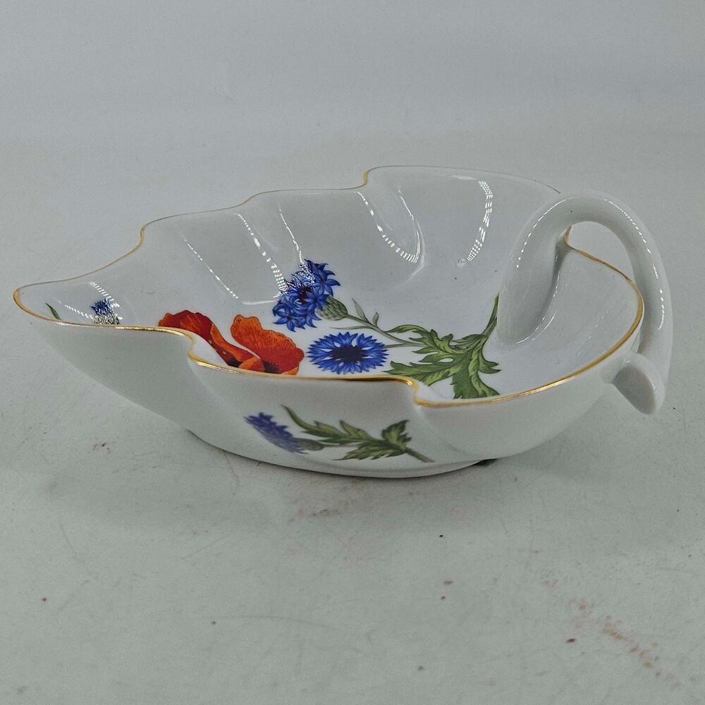 Hungarian Porcelain Hollohaza leaf shaped trinket dish poppy and cornflower